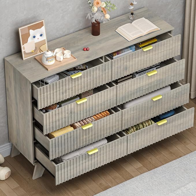 Fluted 8 Drawer Tall Dresser, 47.2" Wide Modern Boho Chest of Drawers, Wooden - Image 4
