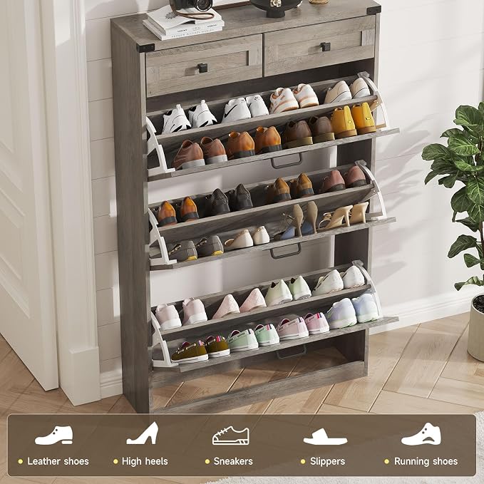Shoe Cabinet with 3 Flip Drawers & 2 Drawers, Freestanding Shoe Storage Cabinet - Image 4
