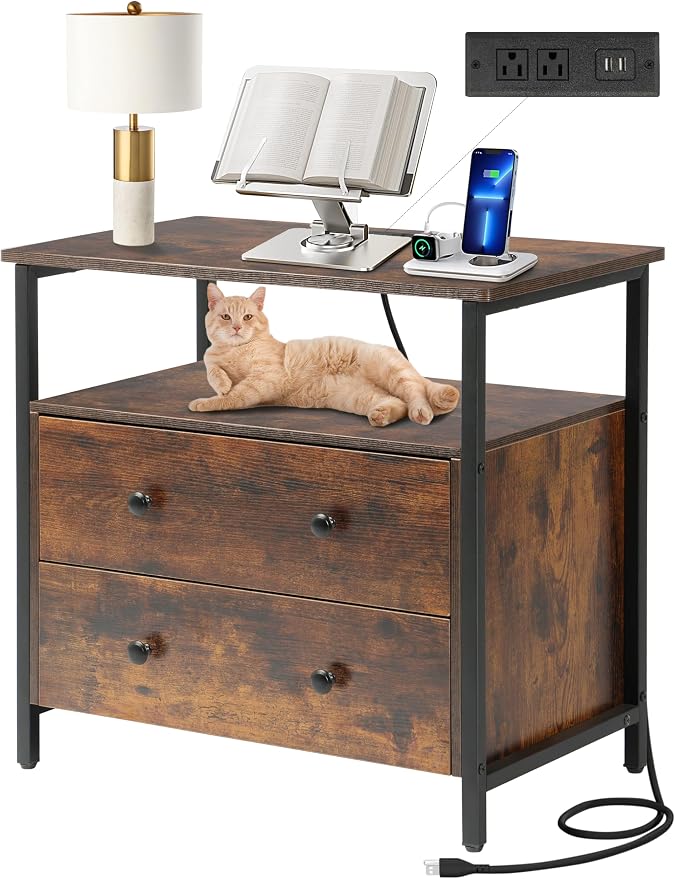 27 inch Wide Night Stand with Charging Station, Bedside Table with Open Shelf by Edbuosy