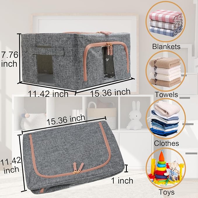Linen Clothes Storage Bins, 2 Opening Ways Fabric Visible Lidded Storage Box - Image 5