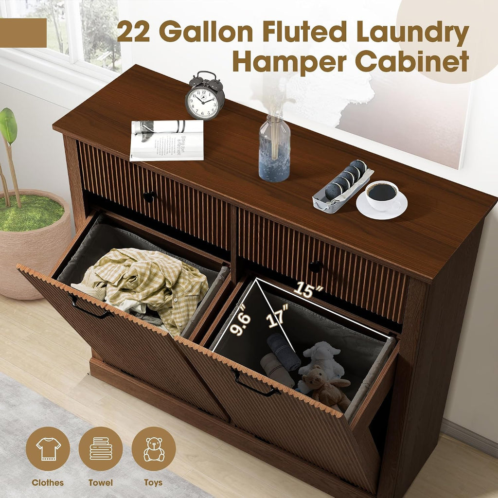 Grepatio Tilt Out Fluted Laundry Hamper Cabinet, 22 Gallon Double