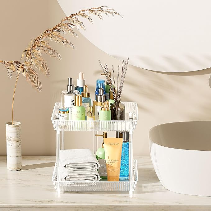 2 Tier Lazy Susan Bathroom Countertop Organizer, 360° Clear Rotating Square - Image 3