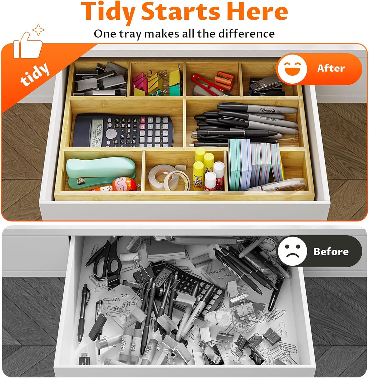 Bamboo Drawer Organizer with 9 Adjustable Compartments, Desk Storage