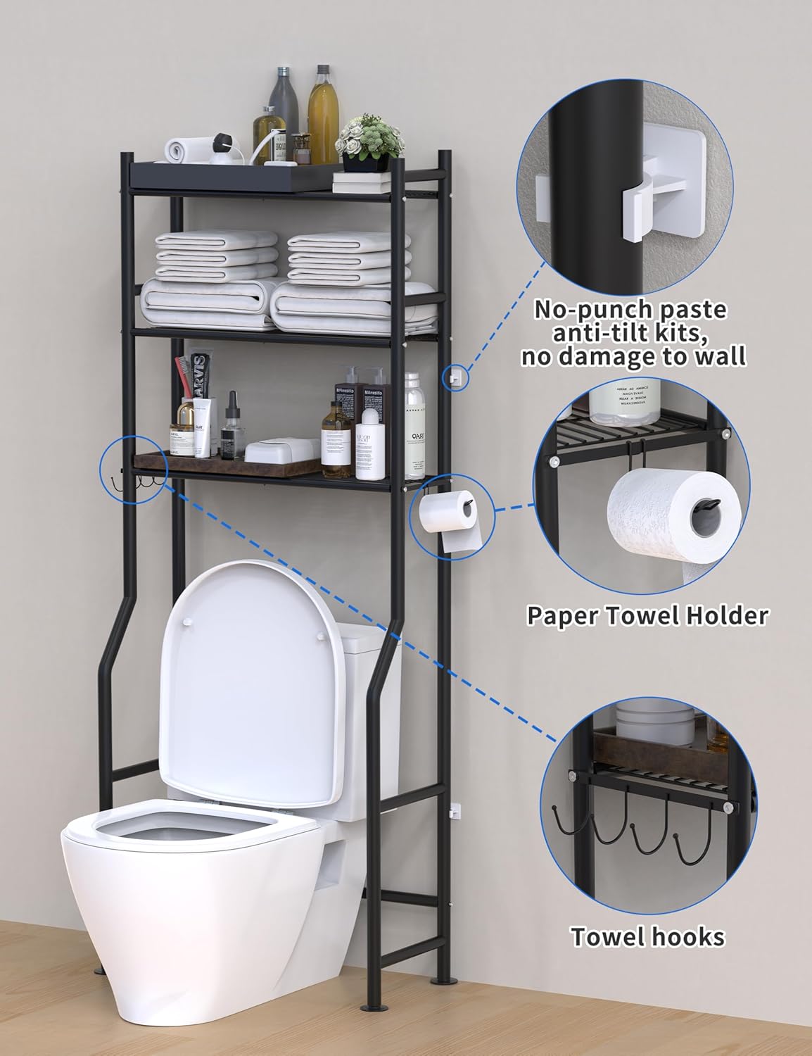 Livilord 3-Tier Over Toilet Storage, Anti-Tip, 64" H, Black