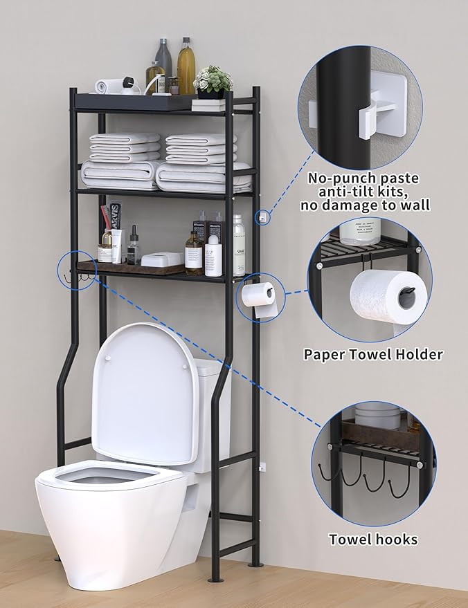 3-Tier Over The Toilet Storage, Freestanding Metal Bathroom Shelves - Image 5