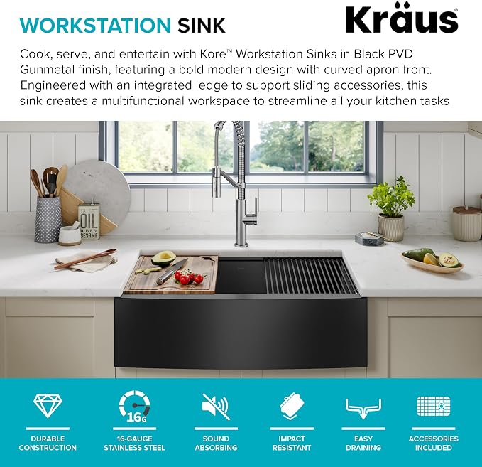 KRAUS Kore Workstation 33-inch Farmhouse Modern Flat Apron Front 16 Gauge Black - Image 3