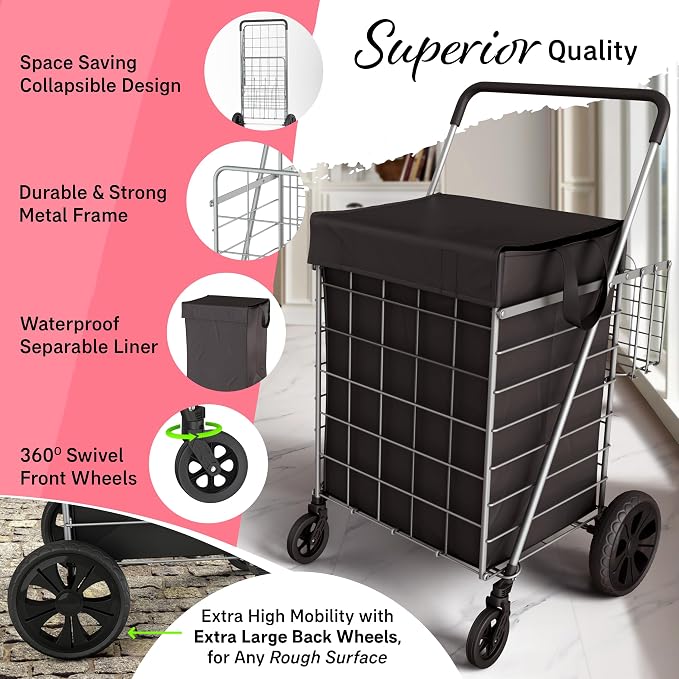 Shopping Cart w/Waterproof Basket Liner & 360° Swivel Wheels | Foldable - Image 3