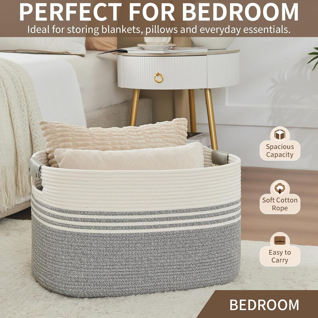 Laundry Hamper with Handles, 72L Rope Laundry Basket, Grey & White