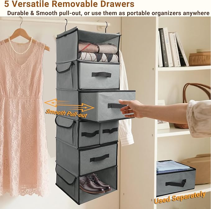 6-Tier Hanging Shelves with 5 Drawers & 3 Side Pocket, Durable Fabric Hanging - Image 5