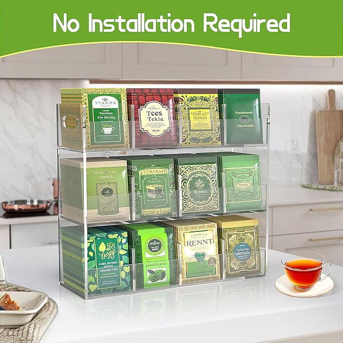 Jumyee 3-Tier Acrylic Tea Bag Organizer & Storage Box, 12 Compartment Portable - Image 5