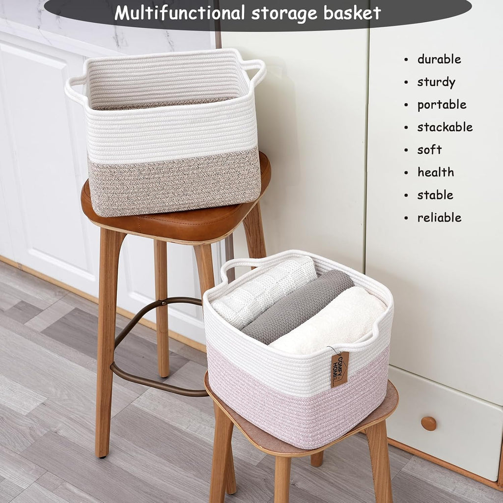 Cotton Rope Woven Basket with Handles for Shelves,Toys,Book, Cloth