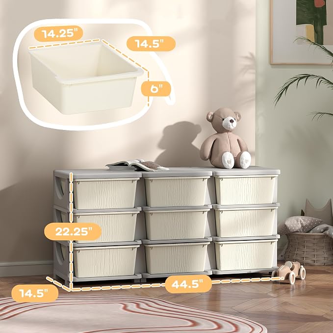 Qaba 3 Tier Kids Storage Unit, 9 Drawer Chest Toy Organizer Plastic Bins - Image 3