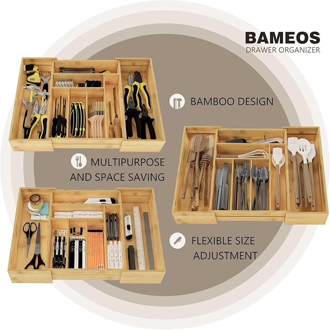 BAMEOS 3.9inch Tall Bamboo Drawer Organizer, Expandable Utensil Holder - Image 4
