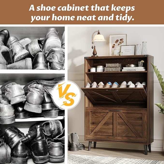 Shoe Cabinet with 2 Flip Drawers & Open Storage, Farmhouse Shoe Storage Cabinet - Image 6