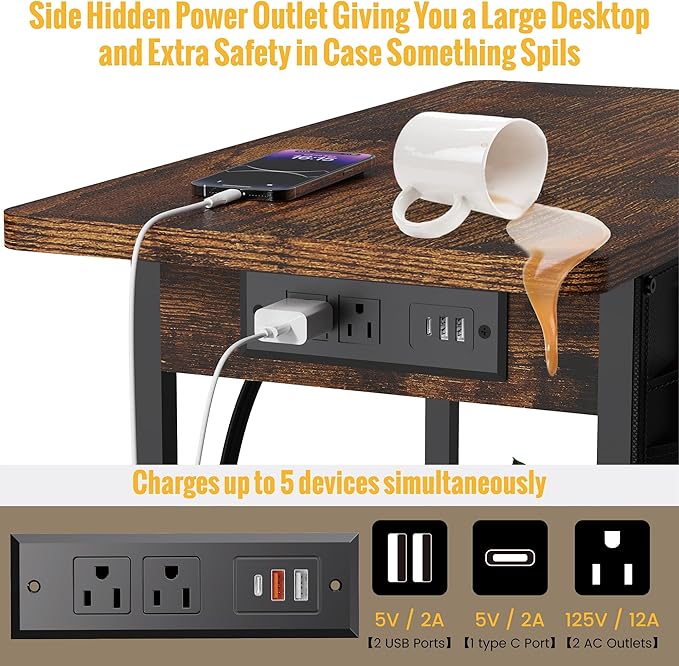 Small Side Table with Charging Station, Narrow Nightstand Bedside Tables with - Image 4