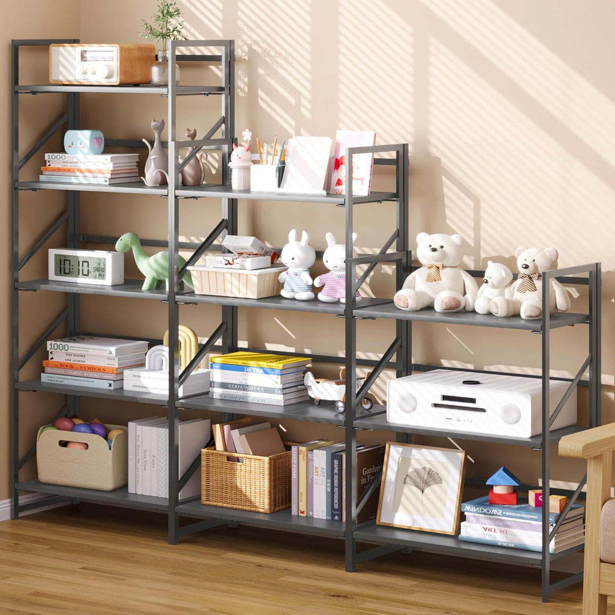 JSB No Assembly Folding Bookshelf, 5 Tier Industrial Metal Book Shelf