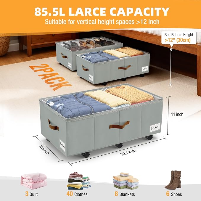 11 inch Under Bed Storage with Wheels, Foldable Under Bed Drawers - Image 3