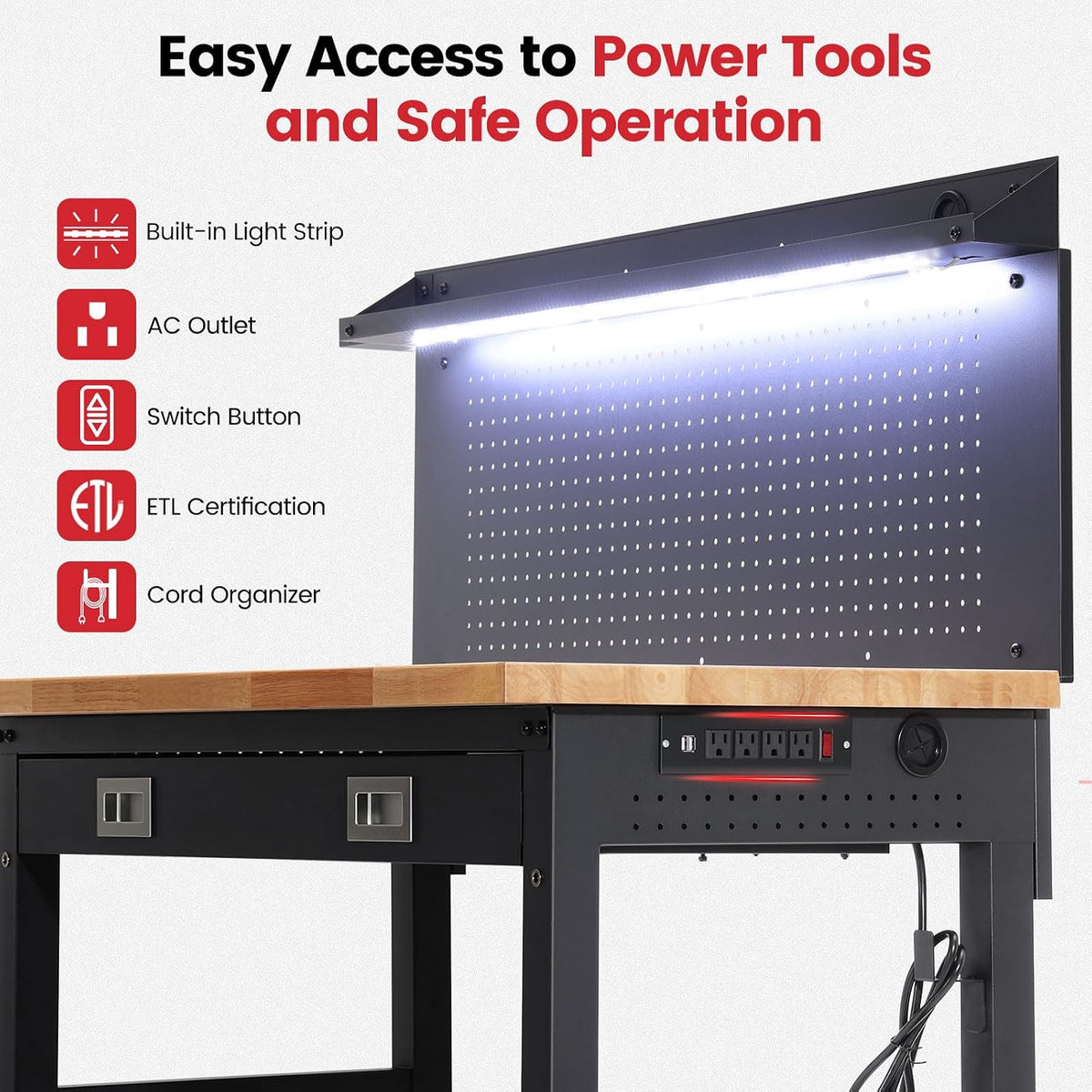 48" Heavy Duty Rolling Workbench with Drawers & Pegboard