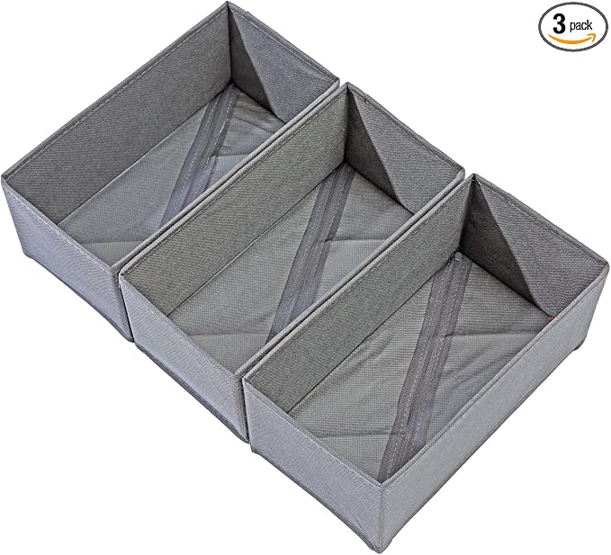 Sock Drawer Organizer Set of 3 Pack Gray, Closet Foldable Dresser Storage Bins by Bructhun
