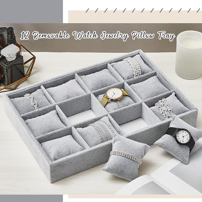 Henoyso 2 Pieces 12 Grid Velvet Watch Tray Jewelry Organizer Stackable Watch - Image 4