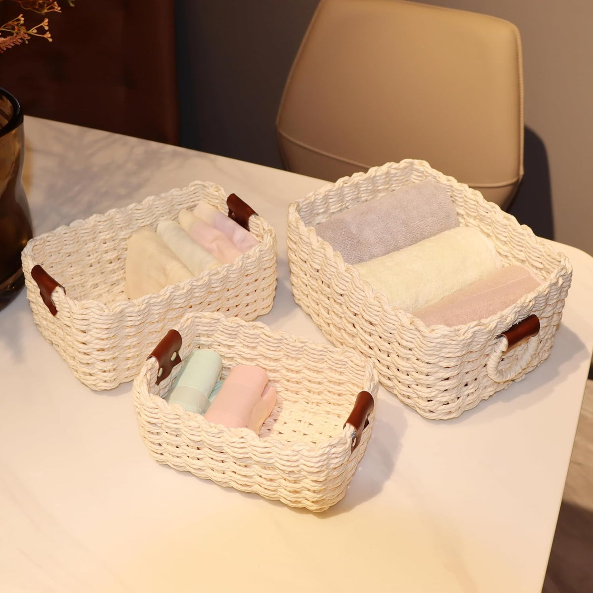 QINGTUHONE Woven Paper Rope Wicker Basket for Organizing