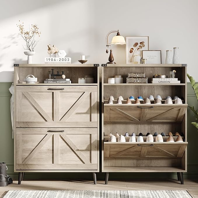 Shoe Cabinet with 2 Flip Drawers & Open Storage, Farmhouse Shoe Storage Cabinet - Image 4