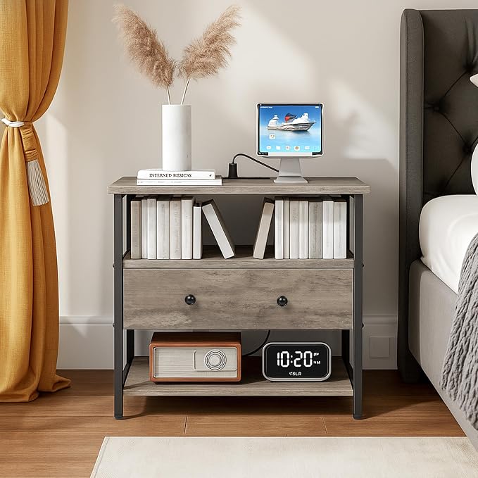 27 Inch Wide Night Stand with Charging Station, Wood Nightstand with Open Shelf - Image 8