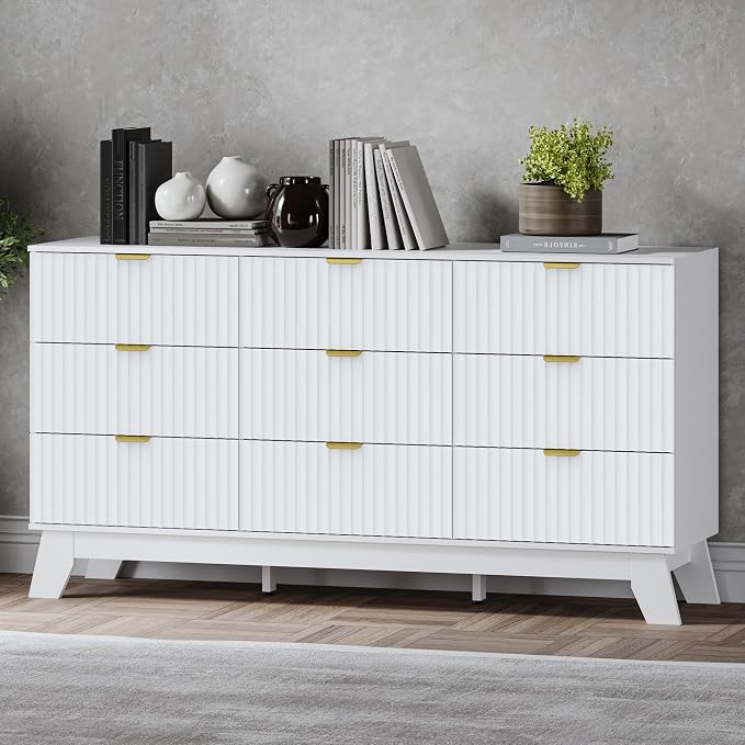 Fluted 9 Drawer Dresser, 57.1" Wide Modern Boho Chest of Drawers, Wooden by BORNOON