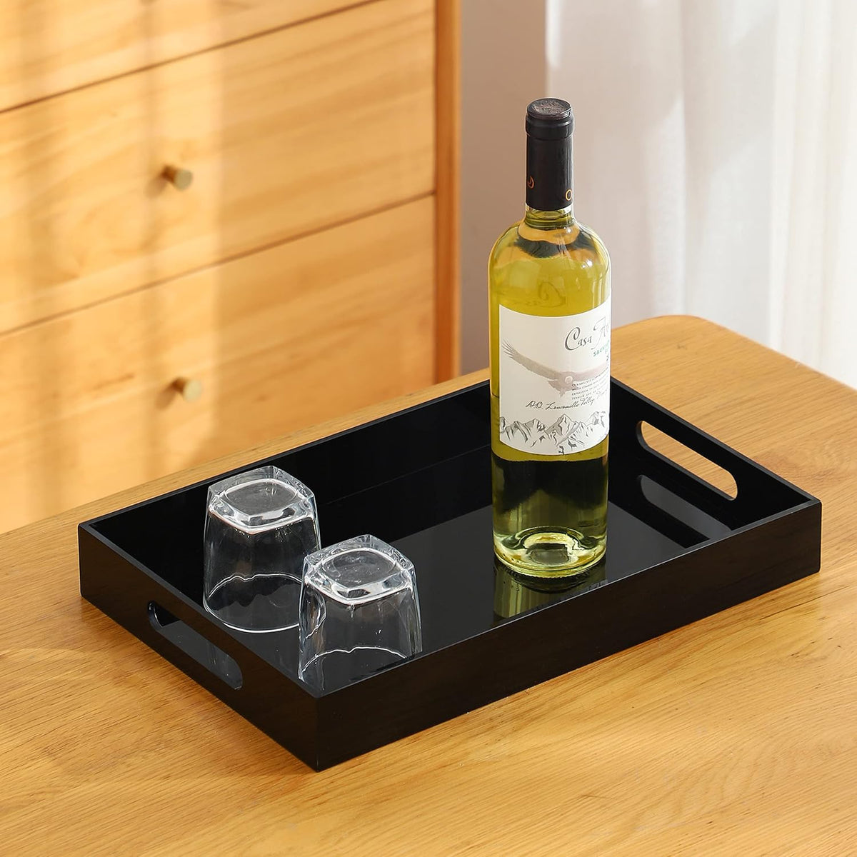 Black Oversize Acrylic Serving Tray with Handles 10x15 Inch -Spill