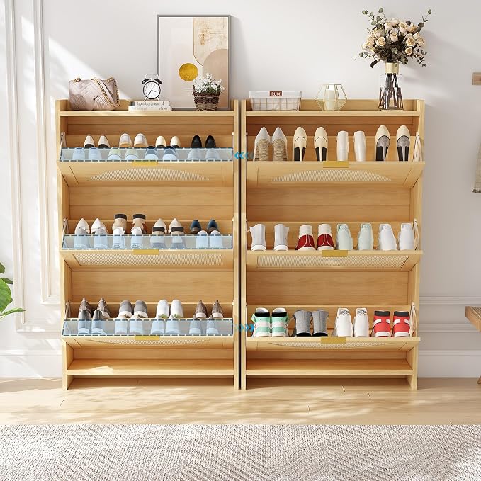 Rattan Shoe Cabinet with 3 Flip Drawers, Natural Wood Shoe Storage Cabinet - Image 7