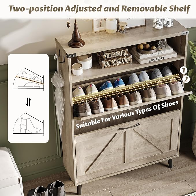 Shoe Cabinet with 2 Flip Drawers & Open Storage, Farmhouse Shoe Storage Cabinet - Image 5