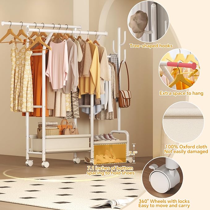 Homeiju Heavy Duty Clothes Rack Load 500LBS, Three Rods Clothing Racks - Image 3
