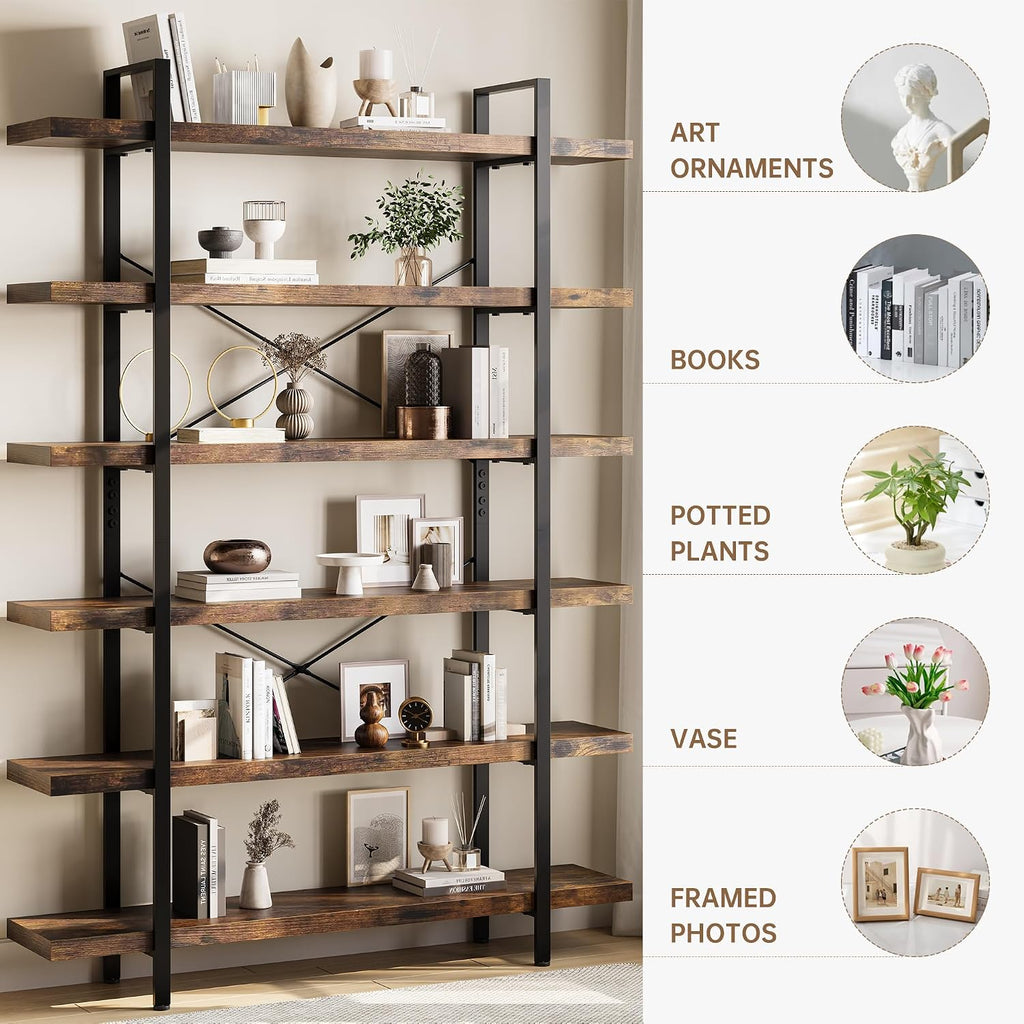 Heavy Duty 6 Tier Industrial Bookcase for Home Office, Rustic Brown