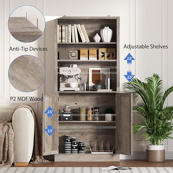 71.4" Tall Bookshelf with Cabinet, 5-Tier Floor Standing Bookcase with Doors & - Image 5