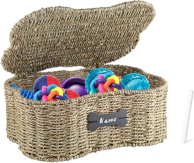 Seagrass Wicker Baskets for Dog Toys, Bone Shaped Dog Toy Bin by Brabtod