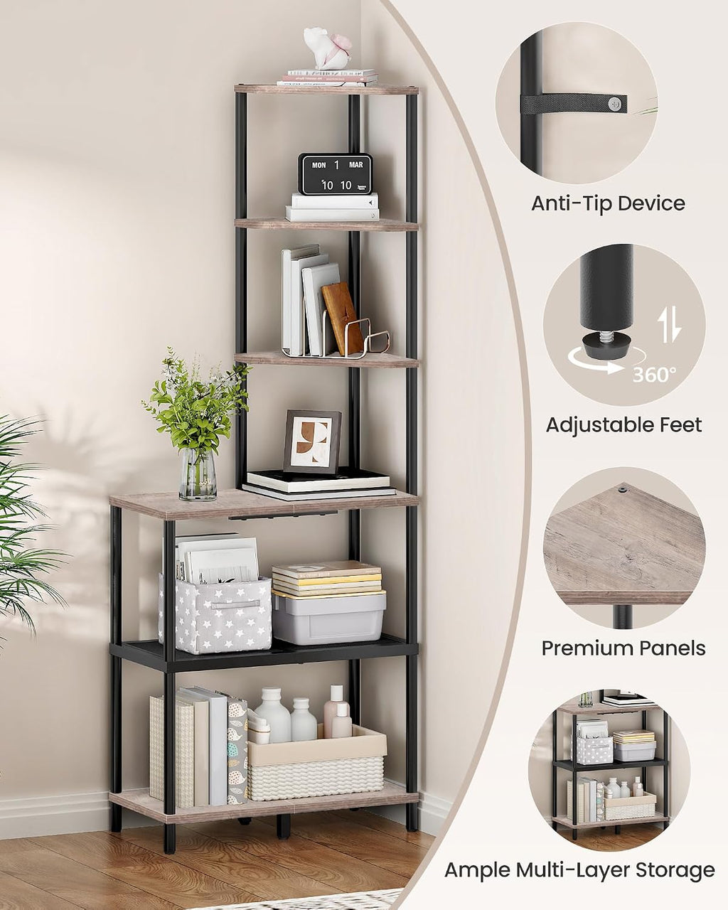 6-Tier Corner Shelf, Industrial Corner Bookshelf with Desk Top