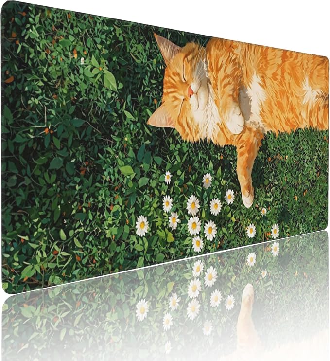 Cozy Cat Large Mouse Pad, Grass Daisy Gaming Desk Mat, XXL Keyboard Desk Pad Mat - Image 2