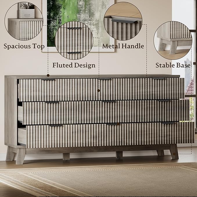 63" Long Dresser for Bedroom, 9-Drawer Fluted Dresser, Extra-Wide Wood Chest of - Image 5