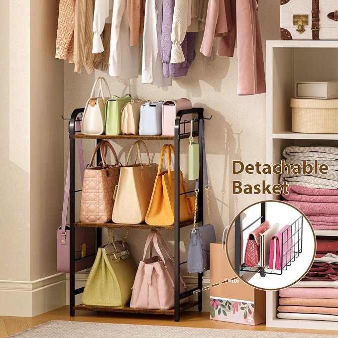 Iron & Wood Floor-Standing 3-Tier Purse Rack - Image 4