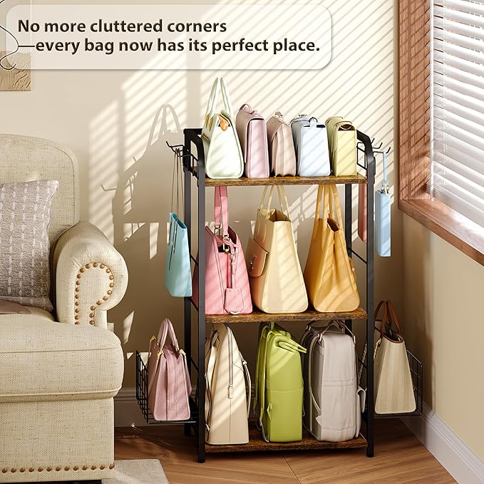 Iron & Wood Floor-Standing 3-Tier Purse Rack - Image 5