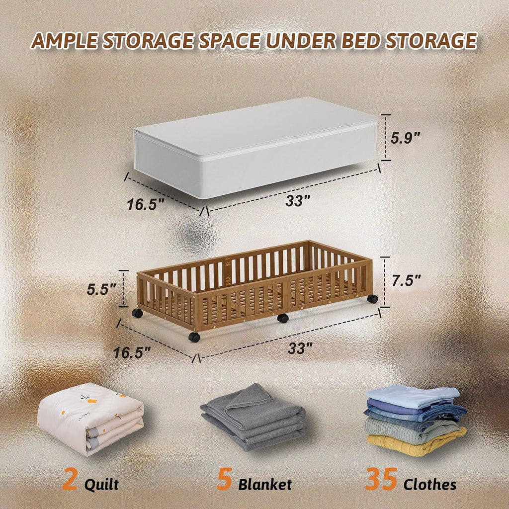 2 Pack Large Bamboo Under Bed Storage Containers with Wheels, Brown