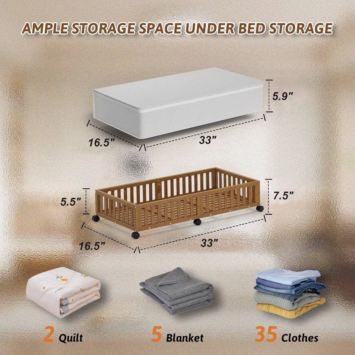 2 Pack Large Bamboo Under Bed Storage Containers with Wheels, Brown