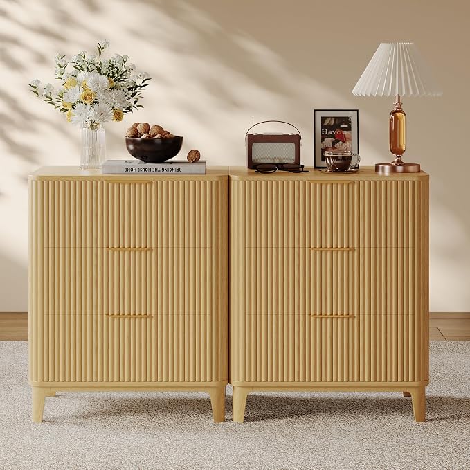 3 Drawer Fluted Dresser for Bedroom Set of 2, Modern Curved Closet Dressers by TOKSOM