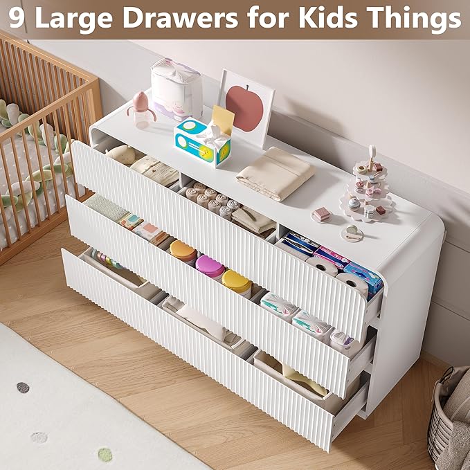 Dresser for Bedroom with 9 Drawers, Fluted Chest of Drawers with Round Curved - Image 3