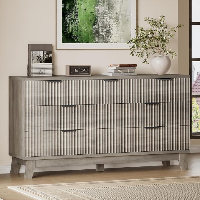 57" Long Dresser for Bedroom, 7-Drawer Fluted Chest, Wide Wood Storage Dresser by BORNOON