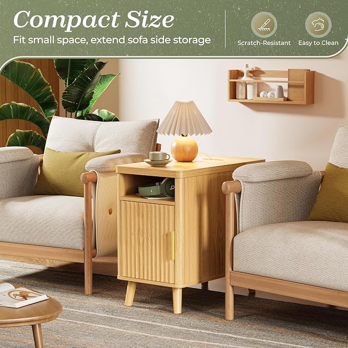 Huuger Narrow Nightstand with Charging Station, USB-C Port, Fluted End Table - Image 3