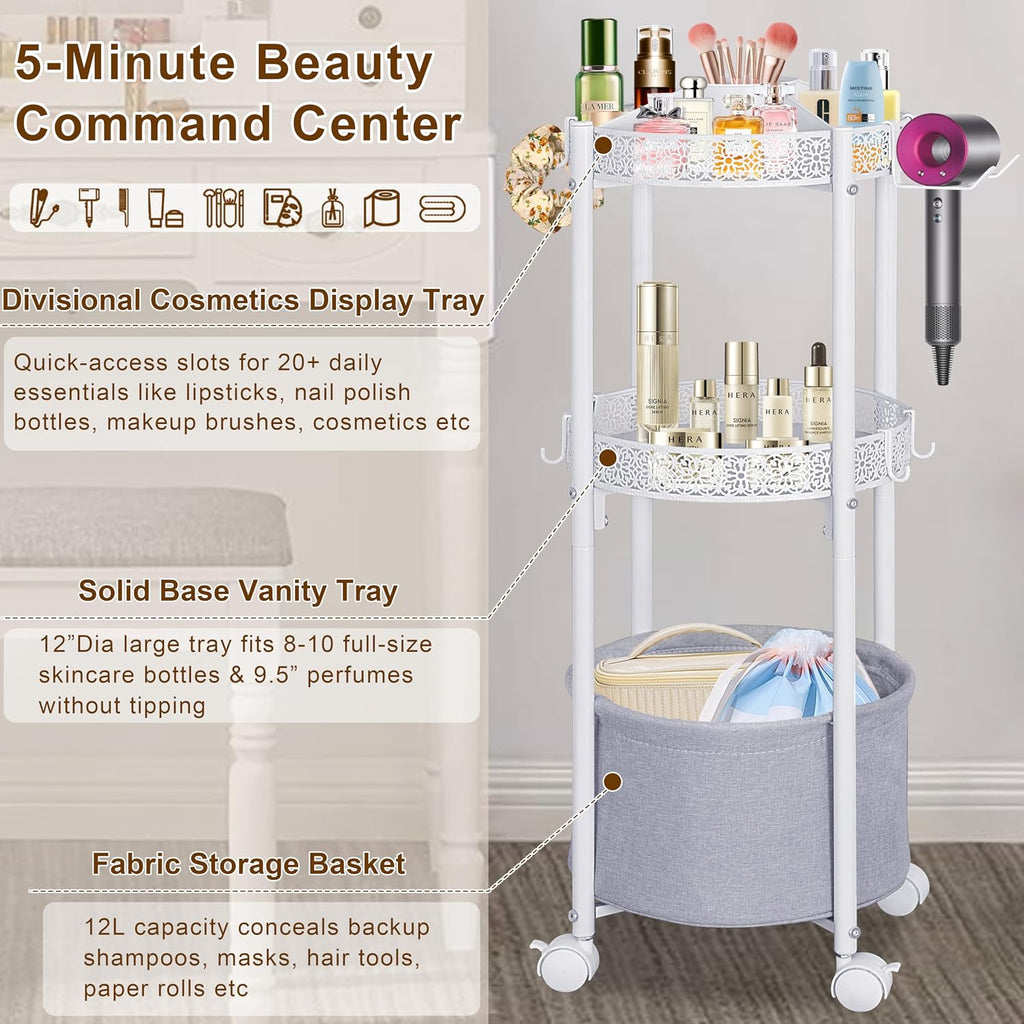 White Round Makeup Cart with Wheels, Rolling Vanity Organizer