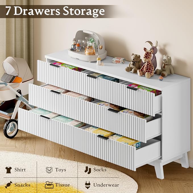 57" Long Dresser for Bedroom, 7-Drawer Fluted Chest, Wide Wood Storage Dresser - Image 6