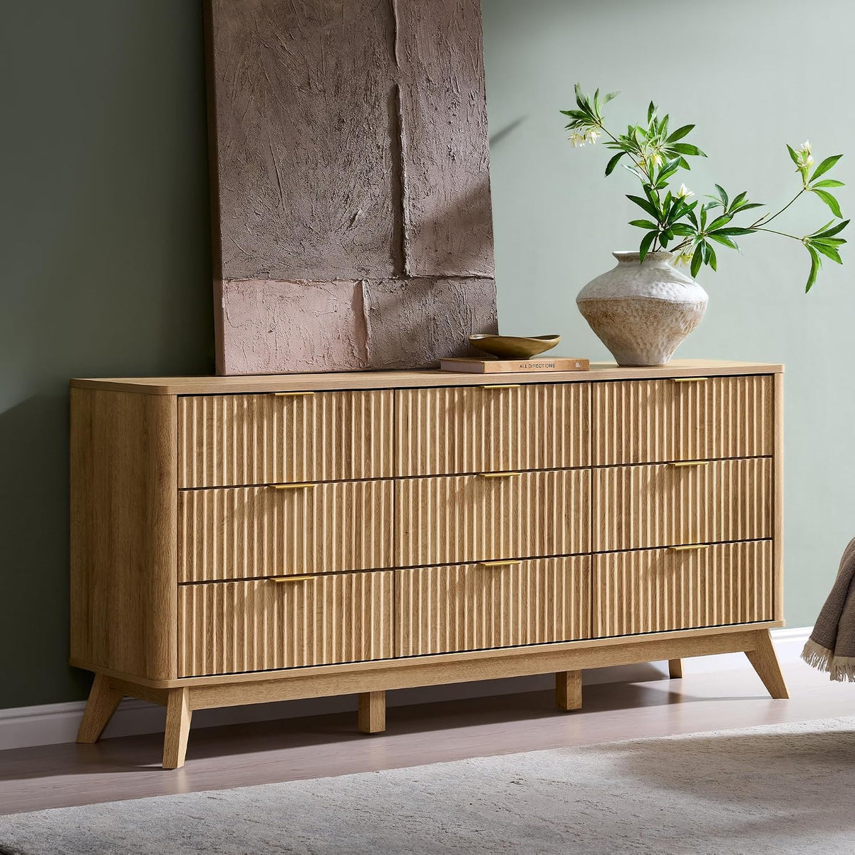 T4TREAM 63" Wide Fluted 9 Drawer Dresser for Bedroom, Natural Oak