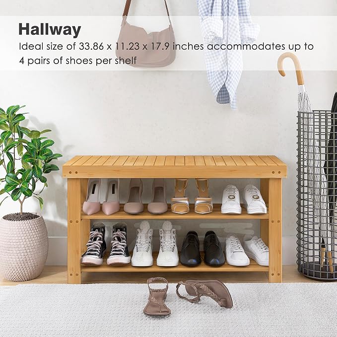 SMIBUY Bamboo Shoe Rack Bench, 3-Tier Shoe Organizer Storage Shelf - Image 4